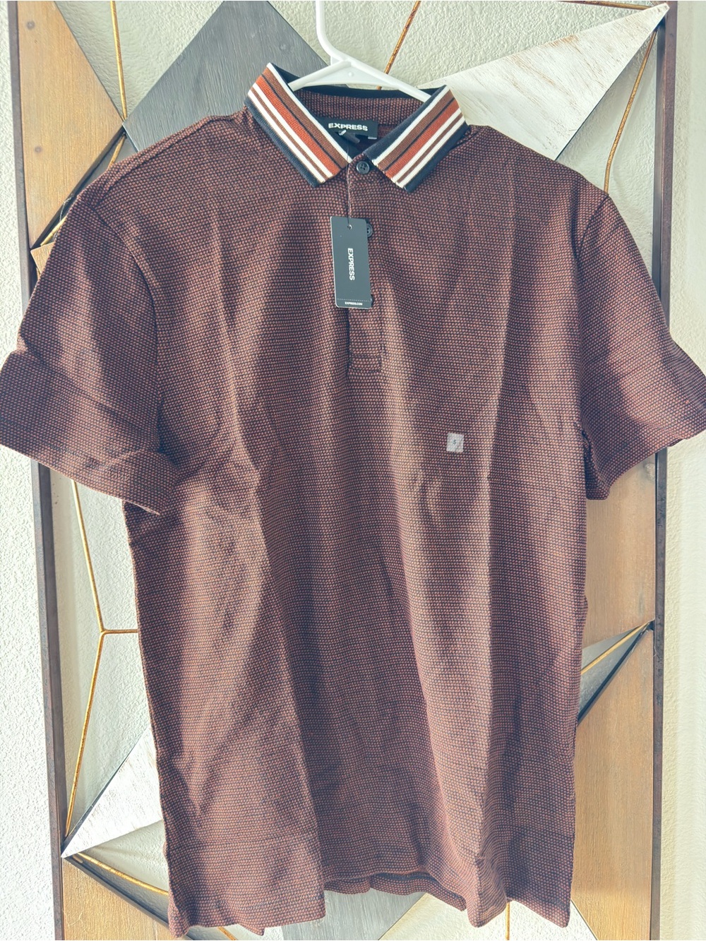 Express Men’s Brown Polo with Striped Contrast Collar